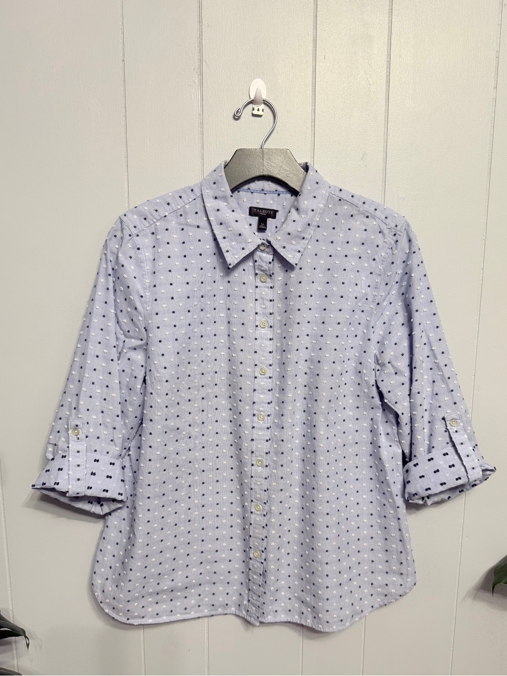 #18)  Like New Talbots Light Blue Button-Down Shirt with Navy Dot Print